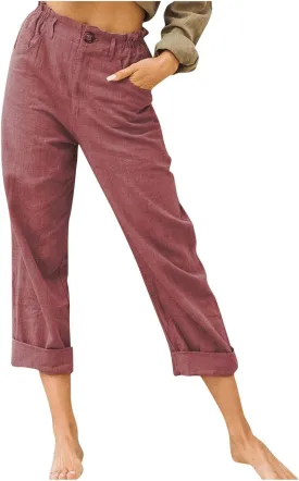 XUNRYAN Capri Pants Women Casual Summer Elastic High Waist Linen Pants Loose Wide Leg Cargo Pants Crop Trouser with Pockets
