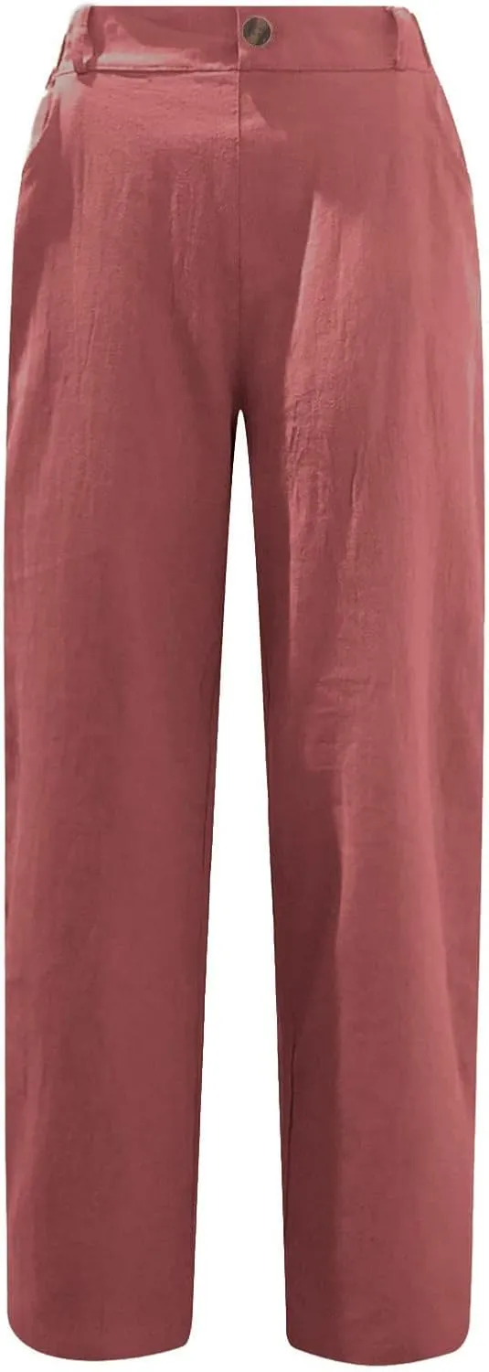 XUNRYAN Capri Pants Women Casual Summer Elastic High Waist Linen Pants Loose Wide Leg Cargo Pants Crop Trouser with Pockets