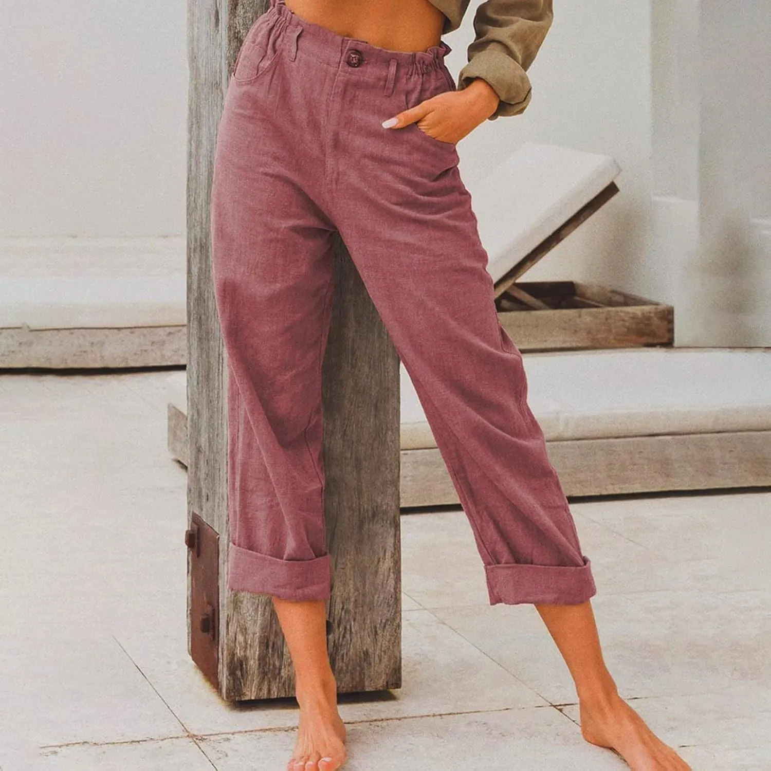 XUNRYAN Capri Pants Women Casual Summer Elastic High Waist Linen Pants Loose Wide Leg Cargo Pants Crop Trouser with Pockets