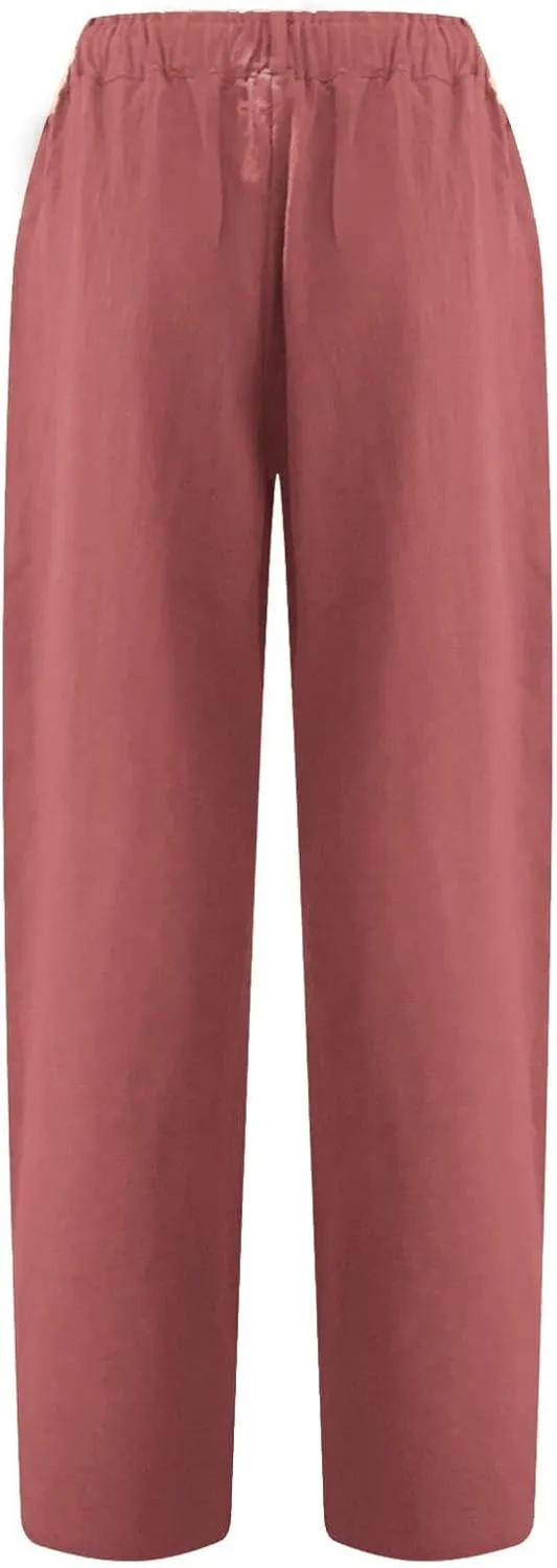 XUNRYAN Capri Pants Women Casual Summer Elastic High Waist Linen Pants Loose Wide Leg Cargo Pants Crop Trouser with Pockets